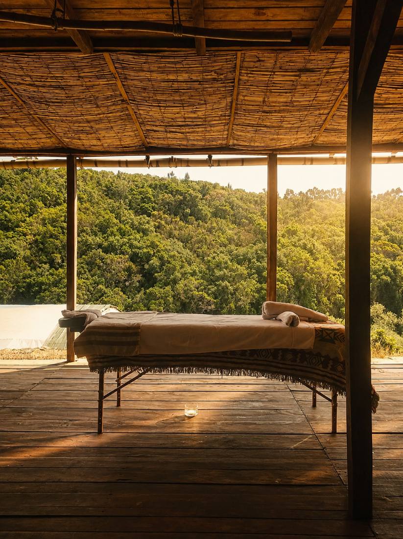 An empty massage table on a jungle-view terrace at sunset